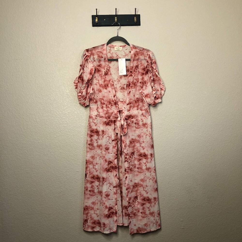 Ember NWT Pink White Tie Dye Open Front Tie Robe Women's L Sexy Flirty Feminine